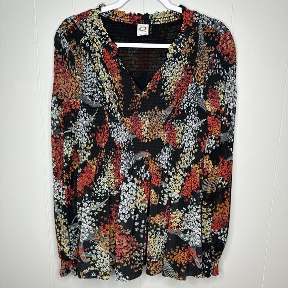 Anthropologie Akemi + Kin Adria Smocked Floral Blouse Size Large Black Splitneck - Picture 1 of 14